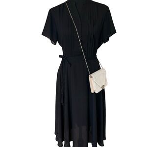 1940s Style Sheer Nanette Lepore Black Pintuck Midi Dress with Waist Tie Size 6